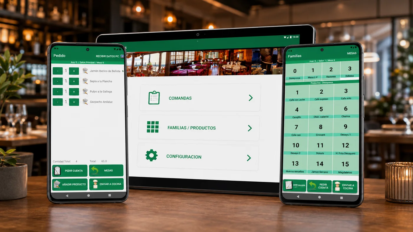 Comandero Android mostrando pedidos, comandas, familias de productos y mesas para hostelería
